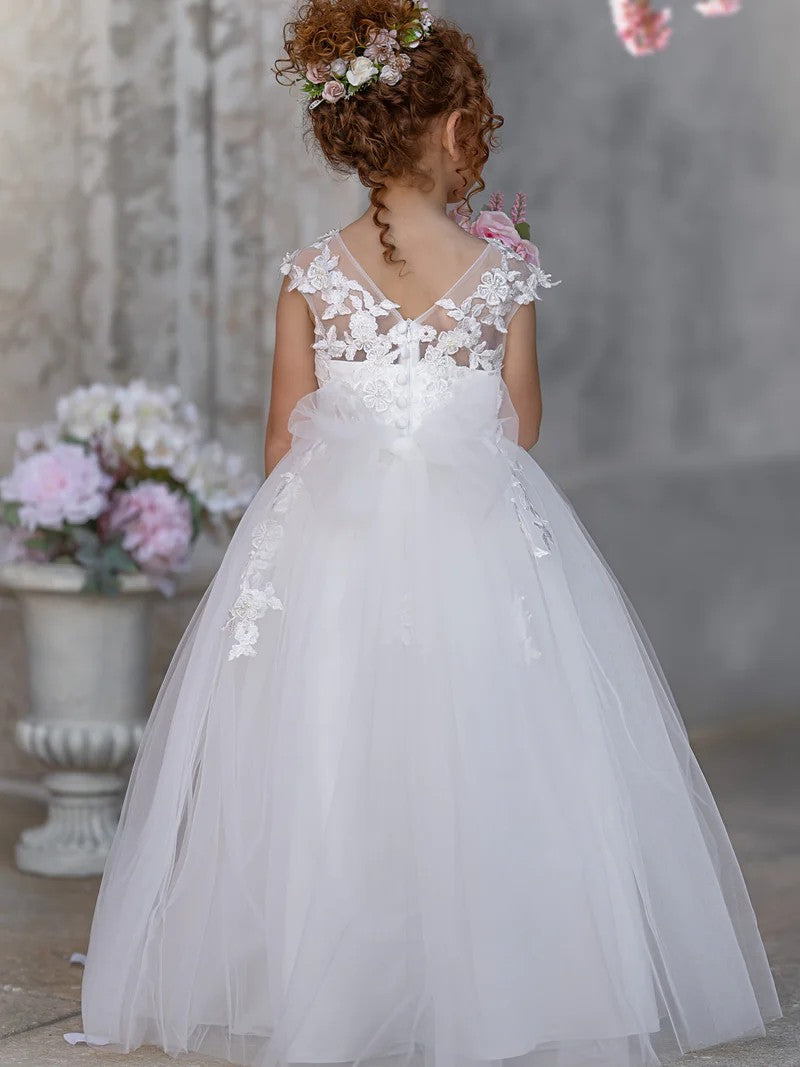 TinyTulle Elegant Sleeveless Floral Appliqué Tulle Floor-Length Flower Girl Dress