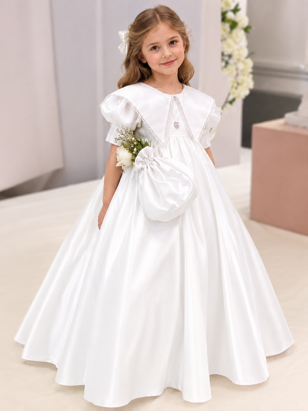 TinyTulle Vintage Ivory Satin Flower Girl Dress with Puff Sleeves &amp; Lace-Trimmed Collar