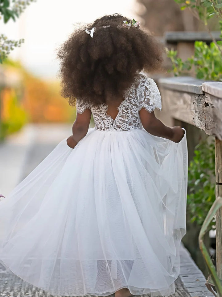 TinyTulle White A-Line Lace Ankle-length Boho Flower Girl Dress