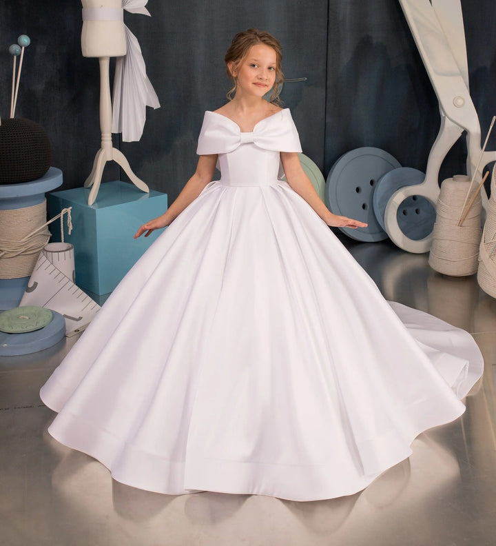 TinyTulle White Satin Off Shoulder Long Flower Girl Dress with Oversized Bow