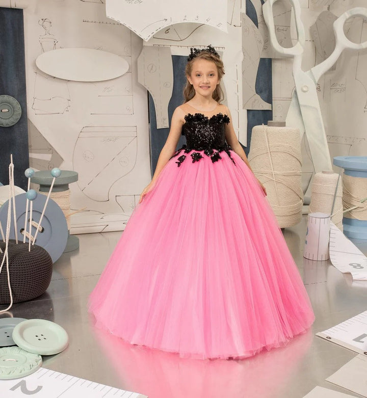 TinyTulle Pink Tulle Flower Girl Dress with Black Sequin Bodice &amp; Ball Gown Skirt