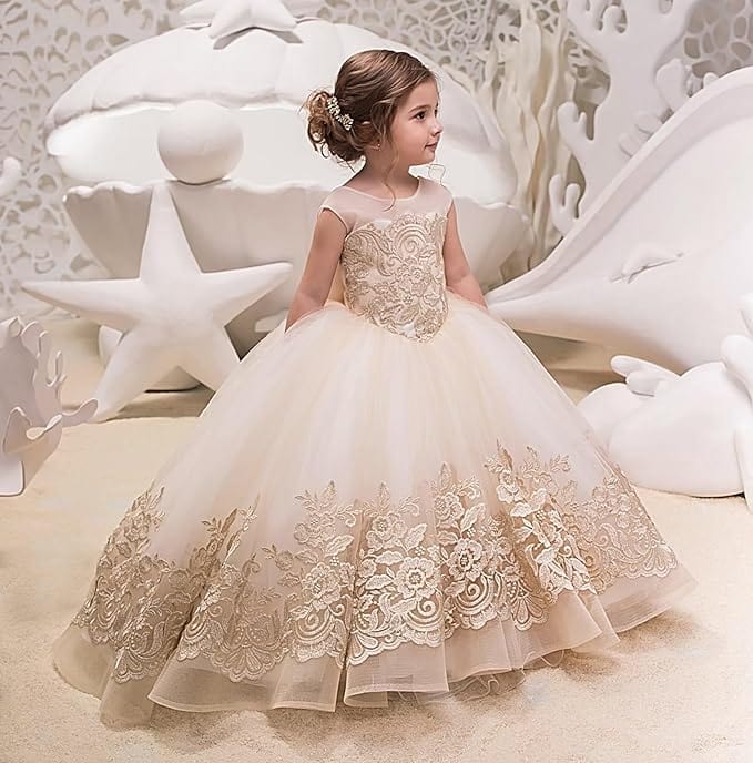 TinyTulle Elegant Champagne Floral Appliqué Tulle Flower Girl Dress with Bow