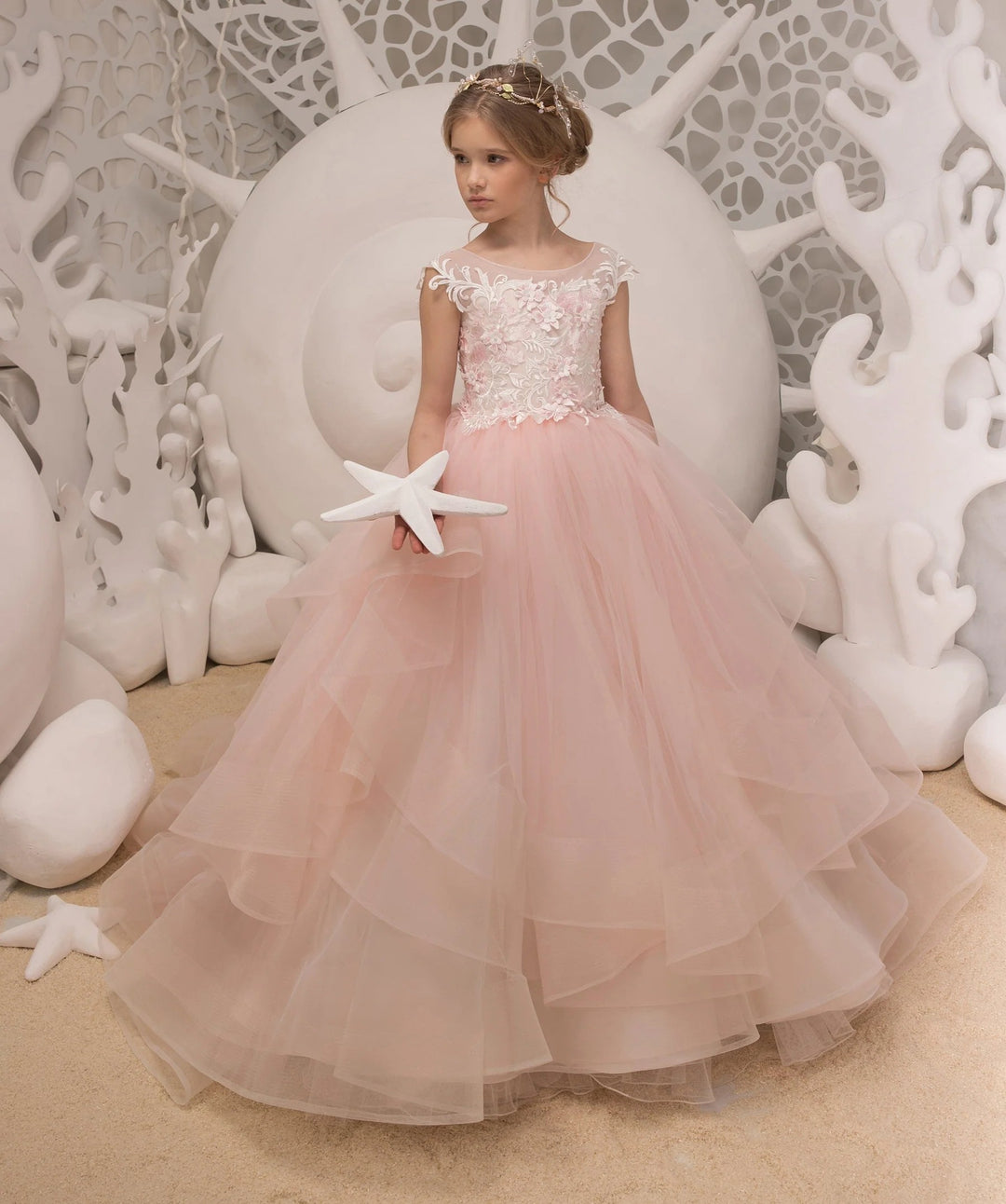 TinyTulle Light Pink Floral Appliques Tulle Ball Gown Flower Girl Dress