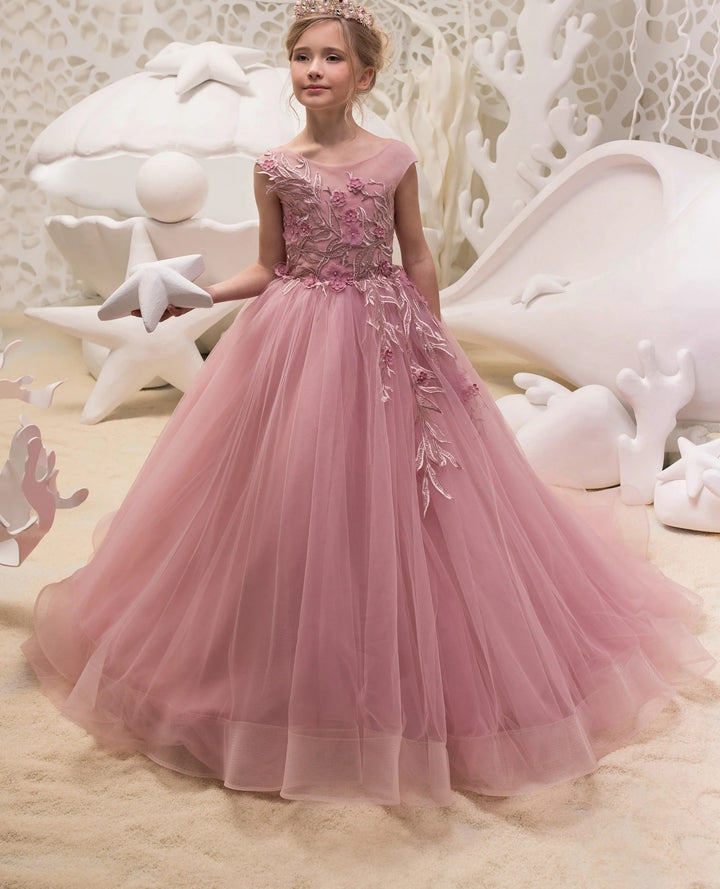 TinyTulle Rose Pink Sleeveless V Back Tulle Flower Girl Dress with Floral Appliqué