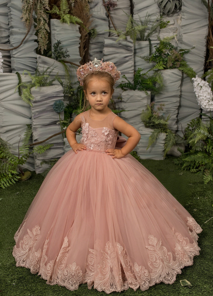 TinyTulle Rose Pink Sleeveless Tulle Flower Girl Dress with Lace Appliqué and Bow