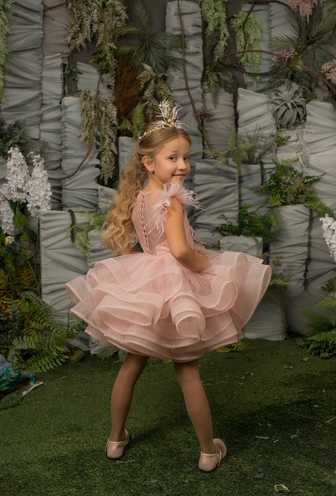 TinyTulle Blush Pink Tulle Flower Girl Dress with 3D Floral Appliqué &amp; Layered Ruffle Skirt