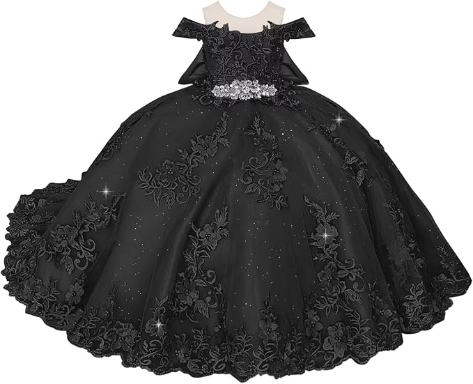 TinyTulle Blue Off Shoulder Floral Lace Applique Tulle Flower Girl Dress with Bow
