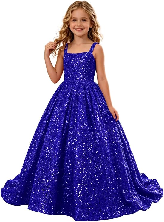 TinyTulle Sparkly Sequin Square Neck Long Flower Girl Pageant Gown