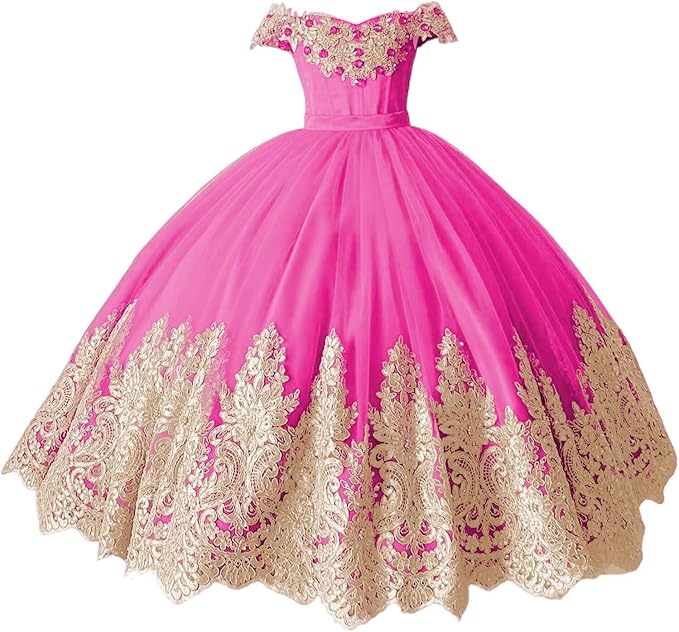 TinyTulle Off-Shoulder Gold Lace Applique Tulle Ball Gown Flower Girl Dress
