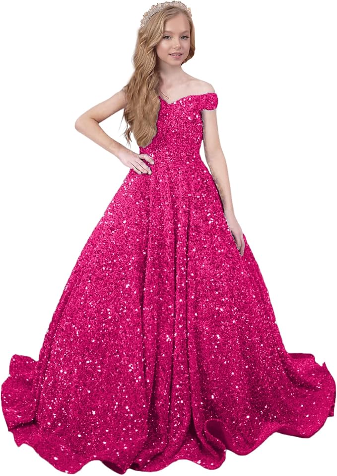TinyTulle Sparkly Off-Shoulder Sequin Flower Girl Dress Pageant Gown