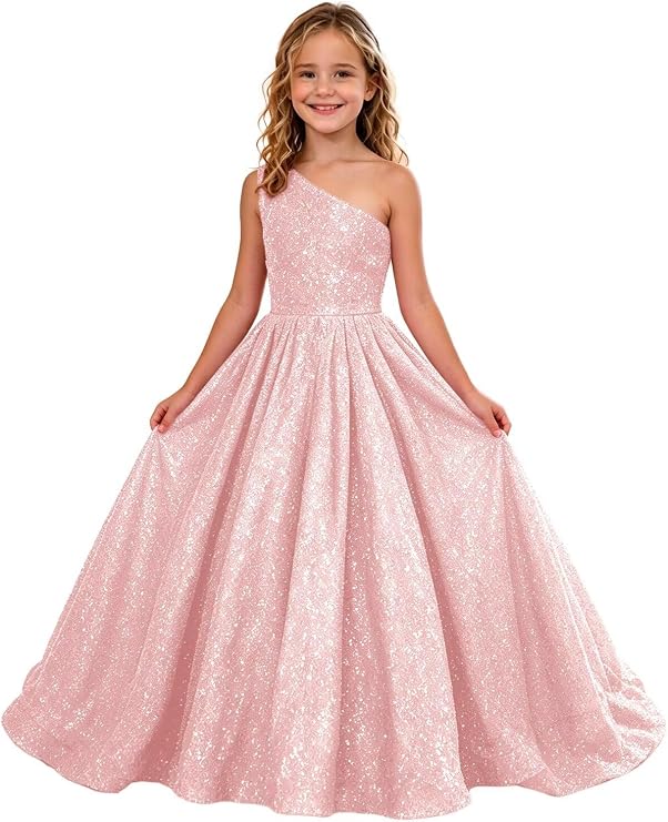 TinyTulle Sparkly Sequin One Shoulder Princess Flower Girl Dress