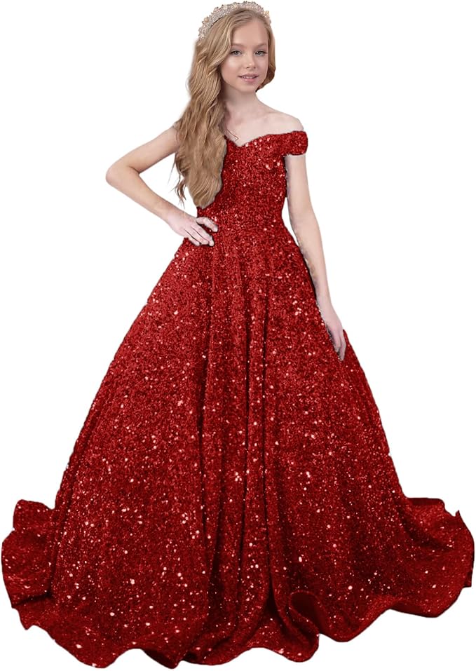 TinyTulle Sparkly Off-Shoulder Sequin Flower Girl Dress Pageant Gown