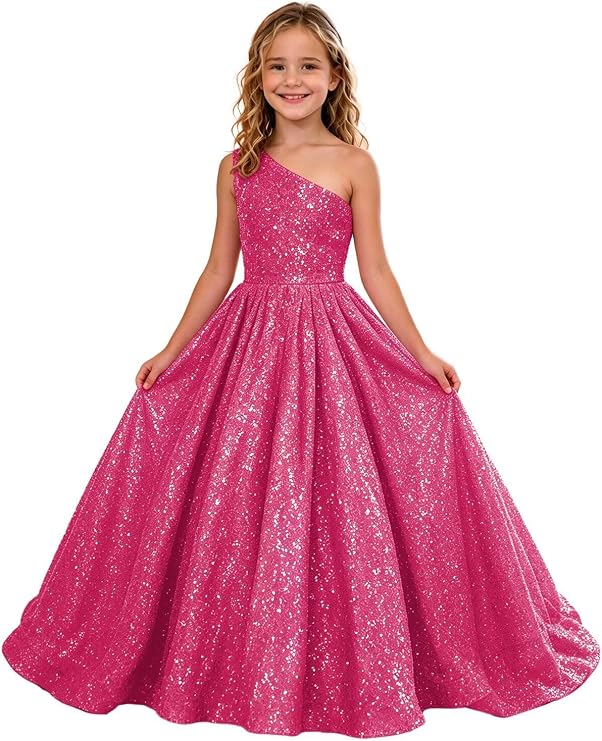 TinyTulle Sparkly Sequin One Shoulder Princess Flower Girl Dress