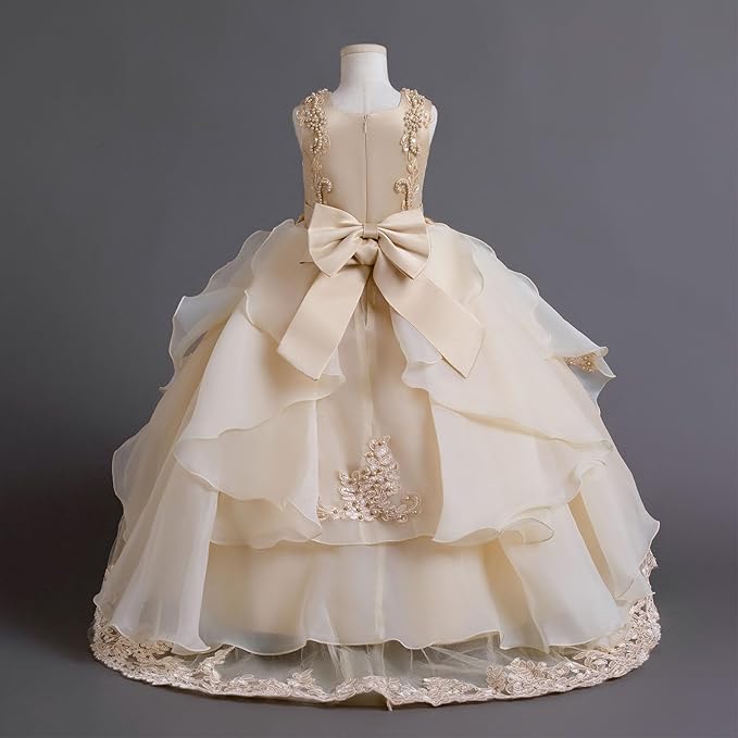 TinyTulle Champagne Lace Appliqué Layered Tulle Flower Girl Dress with Bow