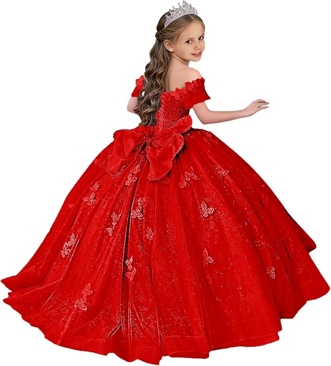 TinyTulle Butterfly Glitter Tulle Flower Girl Dress with Off Shoulder Sleeves &amp; Bow