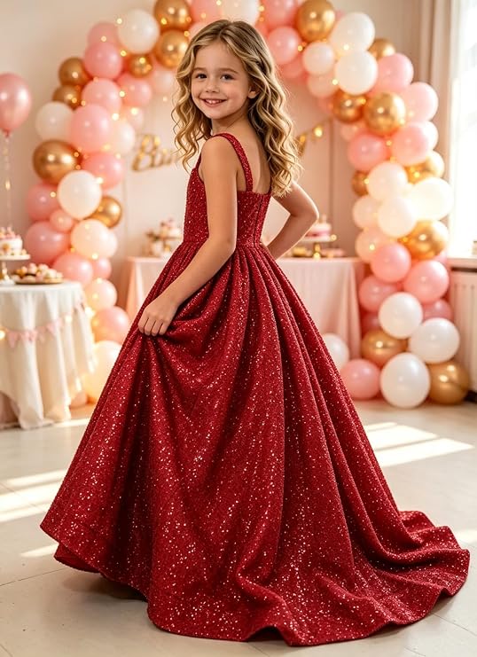 TinyTulle Sparkly Sequin Square Neck Long Flower Girl Pageant Gown