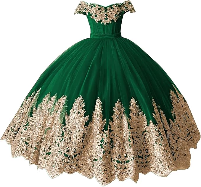 TinyTulle Off-Shoulder Gold Lace Applique Tulle Ball Gown Flower Girl Dress
