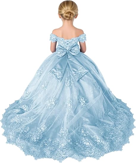 TinyTulle Sparkly Tulle 3D Flower Lace Applique Flower Girl Pageant Gown with Bow