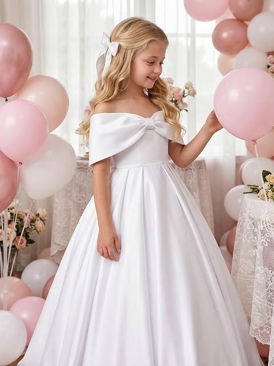 TinyTulle Elegant Off Shoulder Satin Princess Flower Girl Dress for Wedding