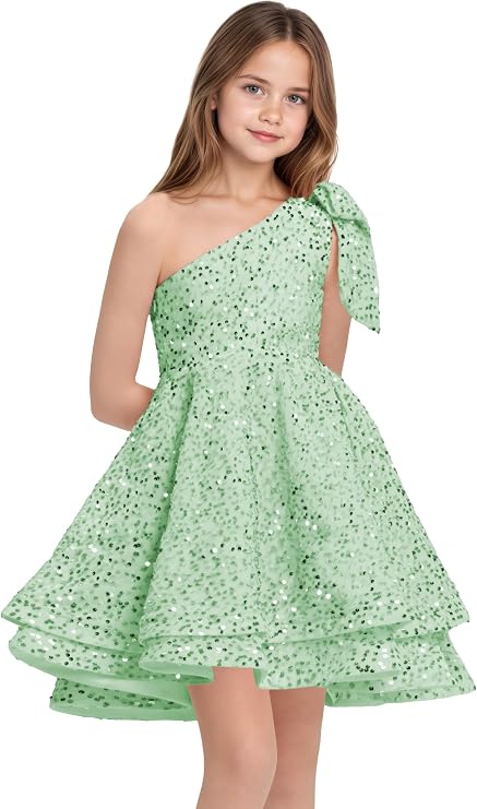 TinyTulle One-Shoulder Sequin Princess Flower Girl Dress – Sparkly Pageant &amp; Formal Gown