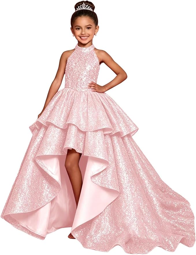 TinyTulle Elegant Sparkling Sequin Halter High-Low Flower Girl Dress for Special Occasions