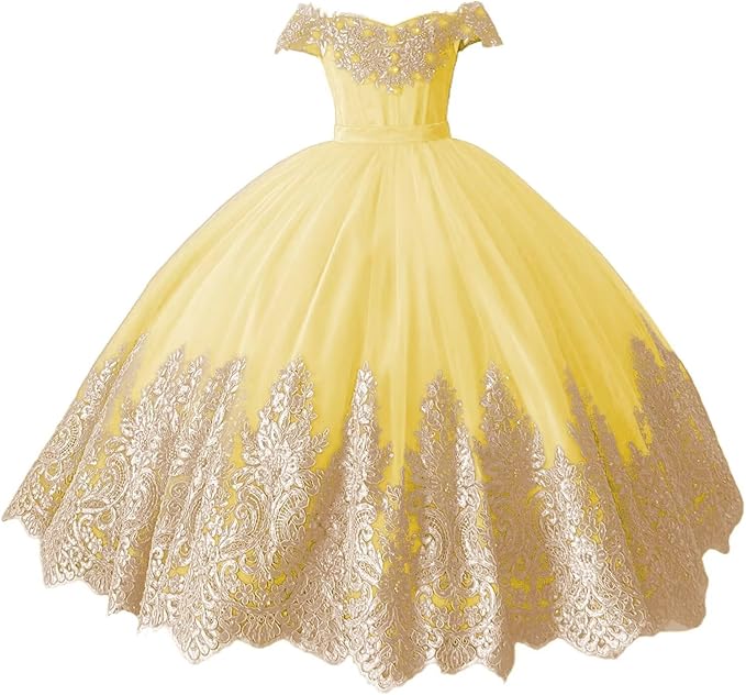 TinyTulle Off-Shoulder Gold Lace Applique Tulle Ball Gown Flower Girl Dress