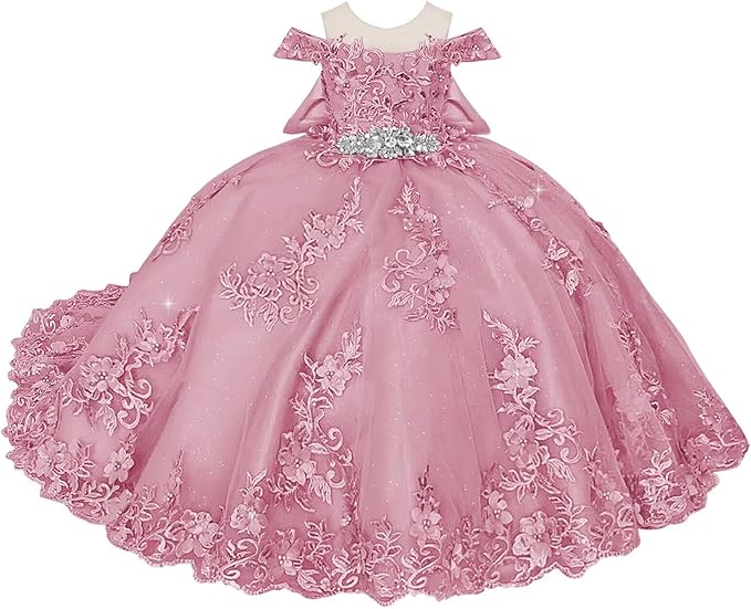 TinyTulle Blue Off Shoulder Floral Lace Applique Tulle Flower Girl Dress with Bow