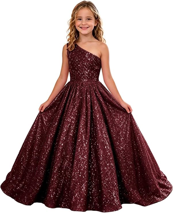 TinyTulle Sparkly Sequin One Shoulder Princess Flower Girl Dress