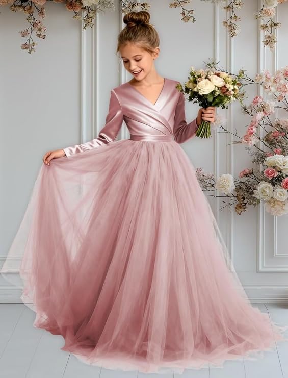 TinyTulle Elegant Long Sleeve Satin Tulle Princess Flower Girl Formal Gown