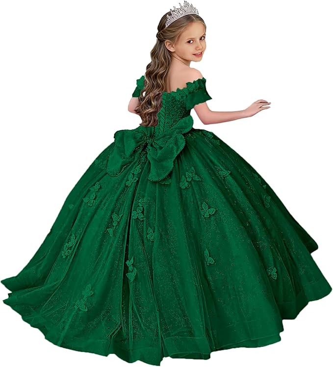 TinyTulle Butterfly Glitter Tulle Flower Girl Dress with Off Shoulder Sleeves &amp; Bow