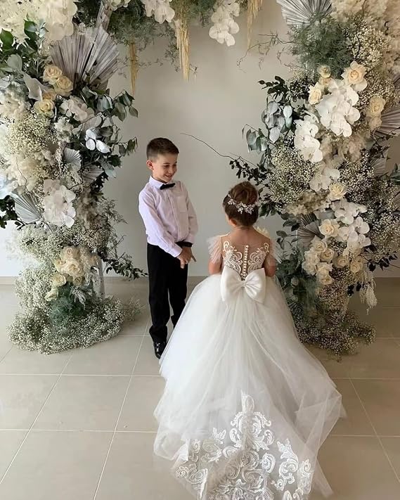 TinyTulle White Lace Tulle Cap Sleeve Ball Gown Flower Girl Dress with Satin Bow for Wedding