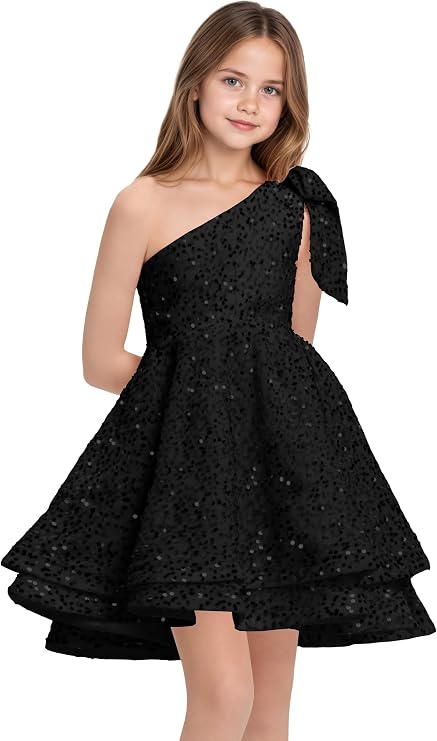TinyTulle One-Shoulder Sequin Princess Flower Girl Dress – Sparkly Pageant &amp; Formal Gown