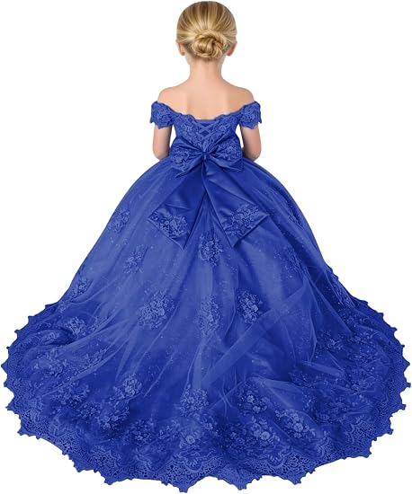 TinyTulle Sparkly Tulle 3D Flower Lace Applique Flower Girl Pageant Gown with Bow