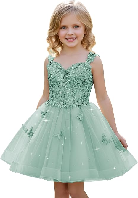 TinyTulle Mint Green Butterfly Flower Girl Dress Lace Tulle Princess Ball Gown