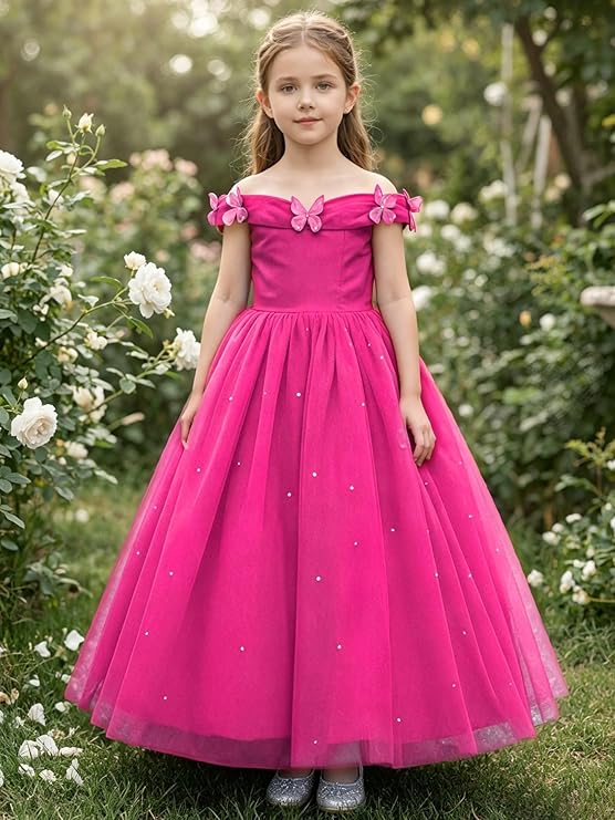 TinyTulle Princess Off-the-Shoulder Tulle Flower Girl Dress with 3D Butterflies