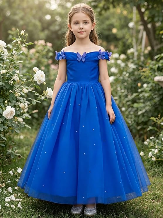 TinyTulle Princess Off-the-Shoulder Tulle Flower Girl Dress with 3D Butterflies