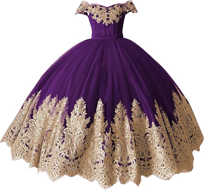 TinyTulle Off-Shoulder Gold Lace Applique Tulle Ball Gown Flower Girl Dress