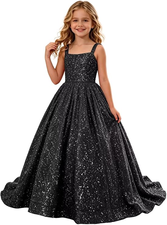 TinyTulle Sparkly Sequin Square Neck Long Flower Girl Pageant Gown