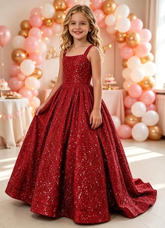 TinyTulle Sparkly Sequin Square Neck Long Flower Girl Pageant Gown