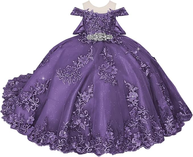 TinyTulle Blue Off Shoulder Floral Lace Applique Tulle Flower Girl Dress with Bow