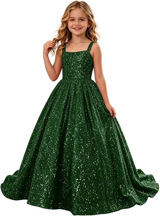 TinyTulle Sparkly Sequin Square Neck Long Flower Girl Pageant Gown