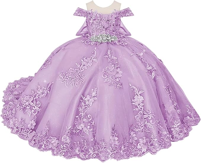 TinyTulle Blue Off Shoulder Floral Lace Applique Tulle Flower Girl Dress with Bow