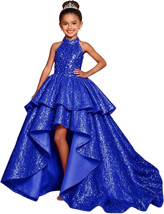 TinyTulle Elegant Sparkling Sequin Halter High-Low Flower Girl Dress for Special Occasions