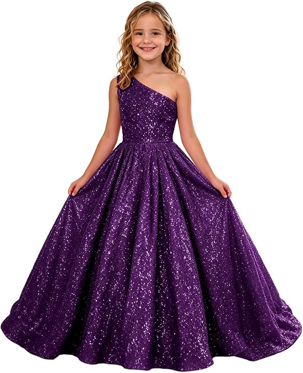 TinyTulle Sparkly Sequin One Shoulder Princess Flower Girl Dress