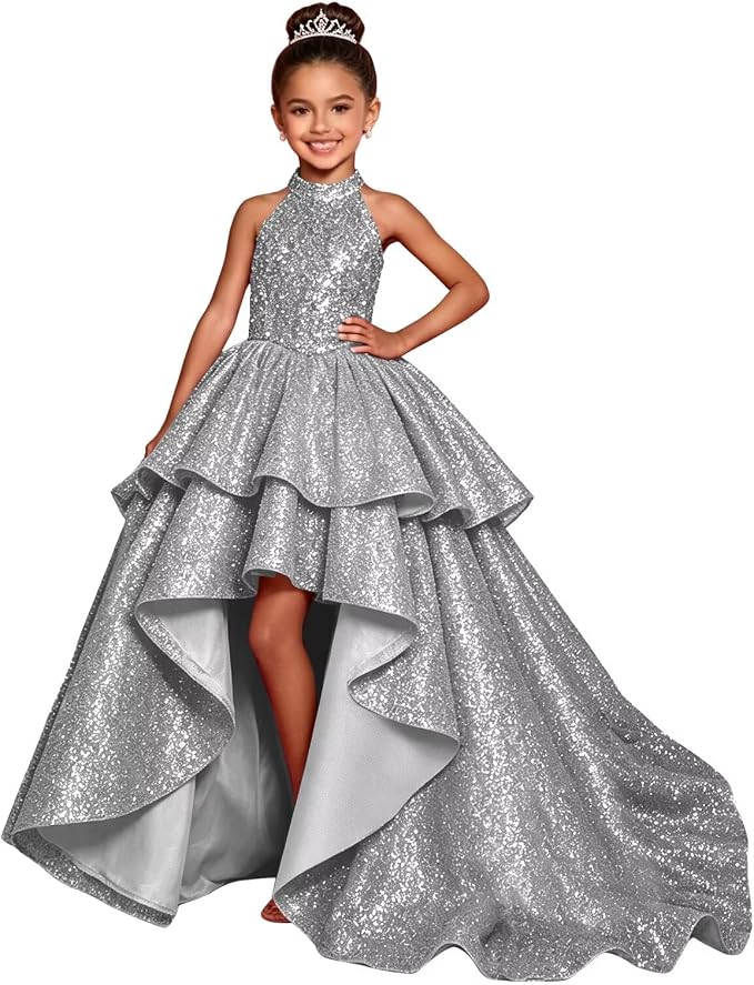 TinyTulle Elegant Sparkling Sequin Halter High-Low Flower Girl Dress for Special Occasions