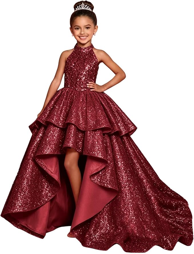 TinyTulle Elegant Sparkling Sequin Halter High-Low Flower Girl Dress for Special Occasions