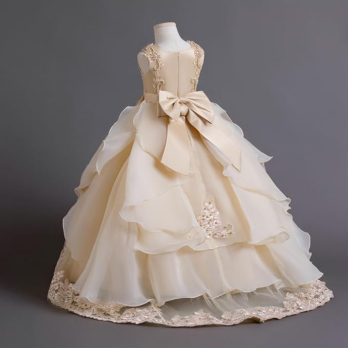 TinyTulle Champagne Lace Appliqué Layered Tulle Flower Girl Dress with Bow