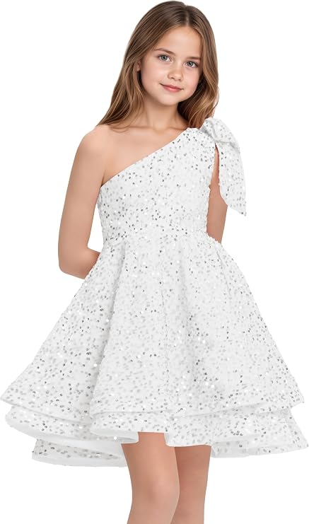 TinyTulle One-Shoulder Sequin Princess Flower Girl Dress – Sparkly Pageant &amp; Formal Gown
