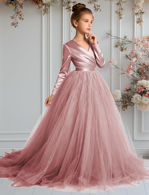 TinyTulle Elegant Long Sleeve Satin Tulle Princess Flower Girl Formal Gown
