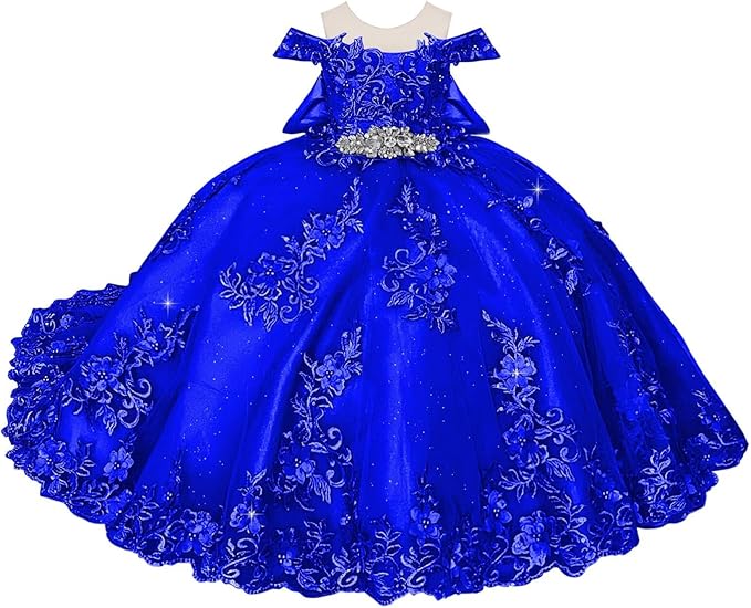 TinyTulle Blue Off Shoulder Floral Lace Applique Tulle Flower Girl Dress with Bow